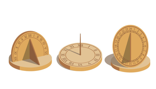 Collection of realistic isometric sundial vector illustrations isolated on white background for vintage clock design concepts