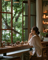 Obraz premium Woman enjoying quiet tea moment in Taipei