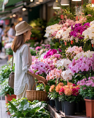 Obraz premium Woman choosing flowers at Taipei plant market