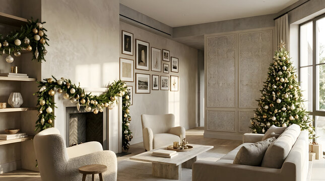 Modern living room decorated with Christmas tree and fireplace.