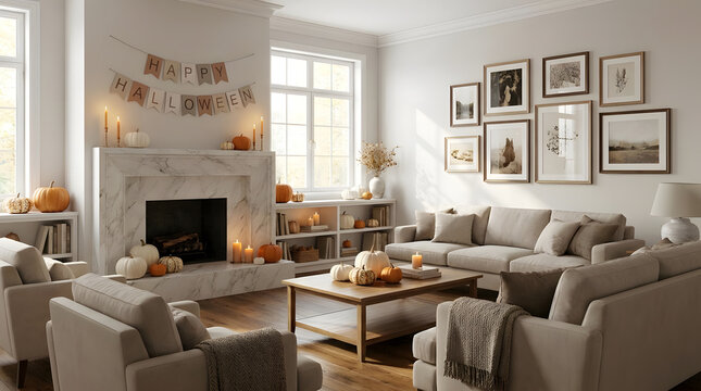 Modern living room decorated with seasonal Halloween pumpkins