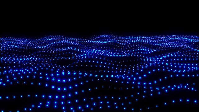 Abstract digital landscape of glowing blue dots forming a wave pattern on black background technology particles data
