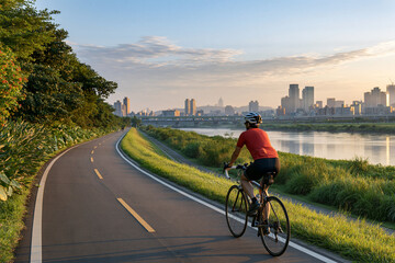 Fototapeta premium Cycling along riverside path in Taipei Taiwan