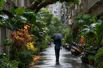 Obraz premium Rainy urban alley lifestyle in Taipei Taiwan