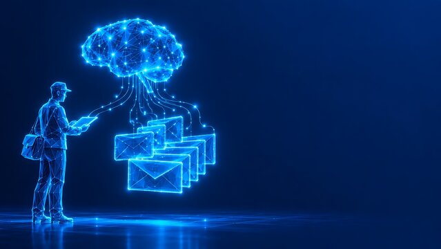 Mail carrier standing before floating parcels guided by a digital brain artificial intelligence. world post day with delivery artificial intelligence logistics. world post day