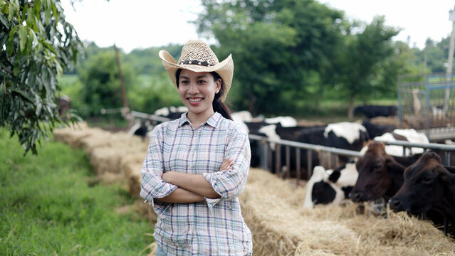 Portrait of confident Asian female farmer wearing hat standing with arms crossed at local dairy cow livestock farm.