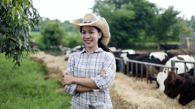 Portrait of confident Asian female farmer wearing hat standing with arms crossed at local dairy cow livestock farm.