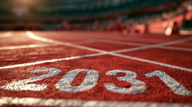 Number 2031 is marked at the starting line on a red athletic track in a sports arena with a crowd in the background.