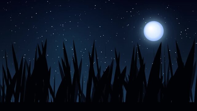 Full Moon Shining Over A Dark Meadow Silhouette Under A Starlit Night Sky, Perfect For Peaceful Nature Themes And Ethereal Background Projects.