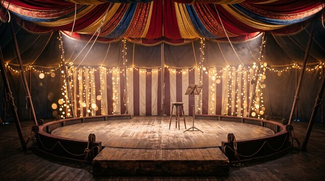 Empty wooden circus stage with a stool and music stand under a colorful tent