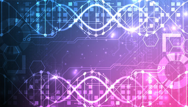 Abstract futuristic technology background with glowing digital DNA helix and binary code