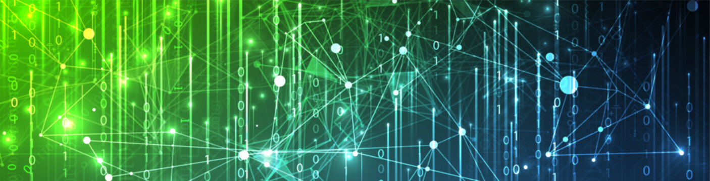 Abstract futuristic technology background with digital network nodes and binary data stream