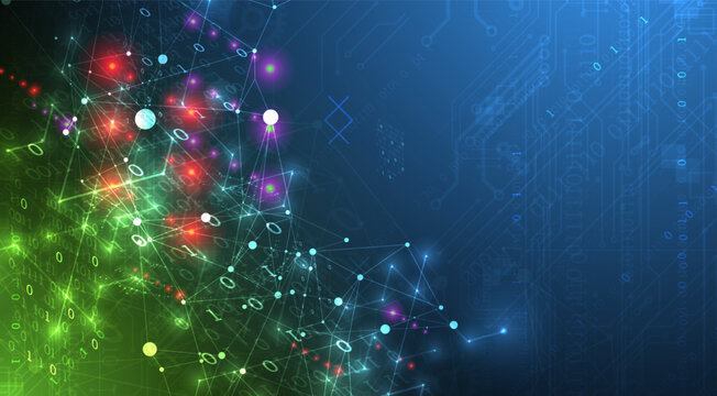 Abstract technology background with digital data network, glowing nodes and binary code. Vector