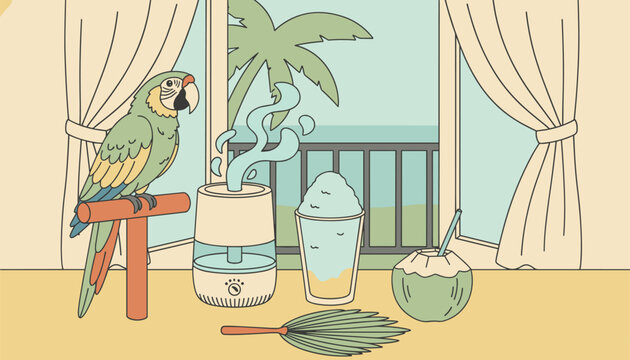 Summer vacation essentials on a balcony with a parrot and view of the sea