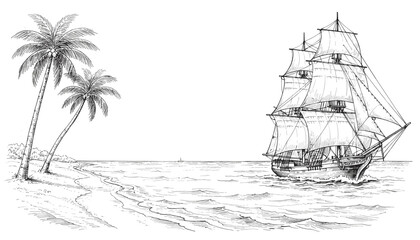 Fototapeta premium Engraving style illustration of a sailing ship near a tropical beach