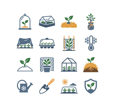 Plant Growth Protection Icons for Gardening and Greenhouse Care