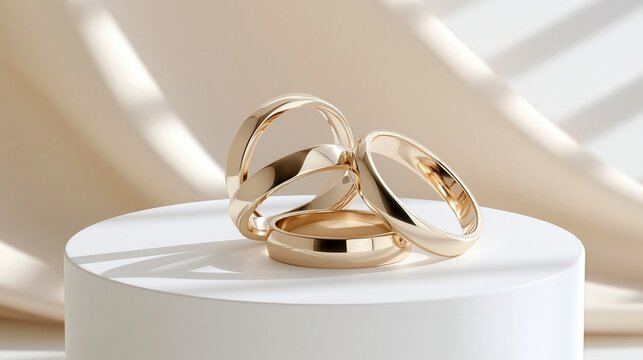 Three polished gold rings rest on a white pedestal with soft drapery in the background.