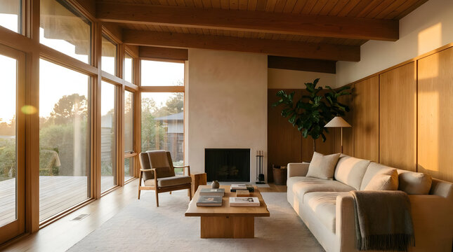 Modern living room with large glass windows and view.