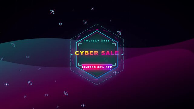 Cyber Sale promotional banner with futuristic neon HUD hexagon design and 80 percent off discount text on dark abstract background with glowing particles and tech aesthetic for marketing.
