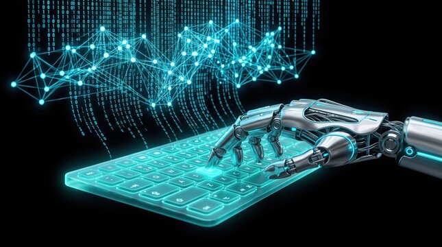 Robotic hand typing on glowing keyboard with digital data stream and network visualization