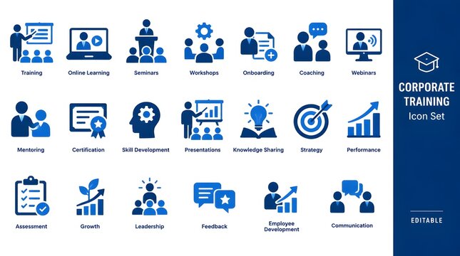 Corporate training icon set for employee development programs and digital learning modules for professional business presentations on