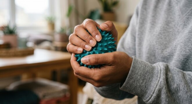 Close-up of a person's hands squeezing a green spiky massage ball for hand therapy, stress relief, and rehabilitation at home, focusing on tactile stimulation and mental health wellness exercise.