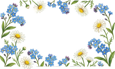 Fototapeta premium Decorative floral frame with daisies and blue wildflowers vector illustration for wedding stationery design