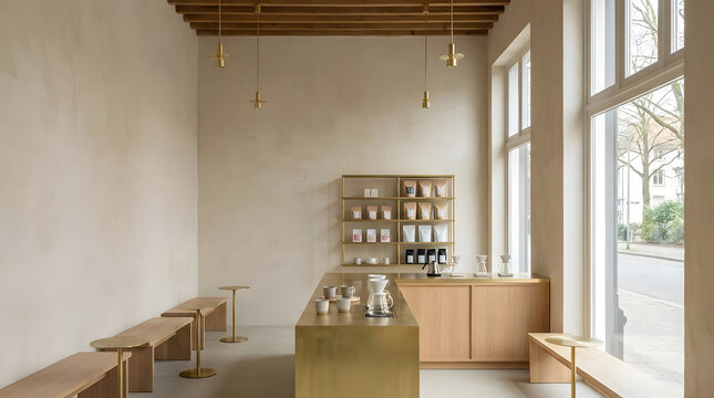 Modern minimalist coffee shop interior with wooden furniture.