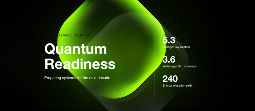 Bright green hexagon graphic displays quantum readiness concept. Numbers indicate system improvements, future preparation.