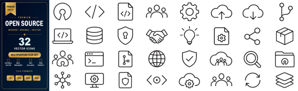 32 Open Source Vector Outline Icons Set &ndash; Source Code, Git, Repository, Developer Tools, Programming and Software Development Line Symbols Collection
