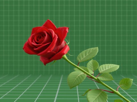 A single beautiful red rose flower placed on a digital green grid background with a retro pixel art aesthetic for creative design projects