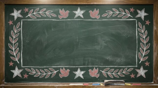 Framed Blackboard with Hand Drawn Chalk Stars and Laurel Border