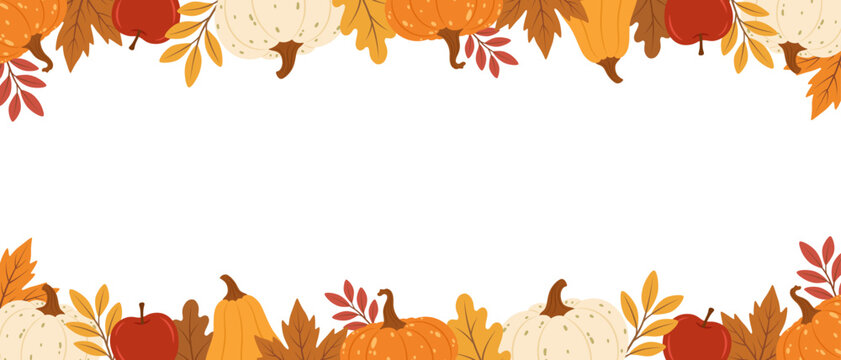 Autumn border frame banner with orange pumpkins, white squash, red apples and fallen leaves with copy space on transparent background. Thanksgiving harvest season vector illustration.