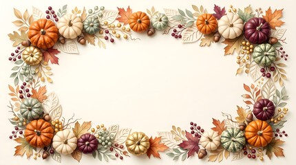 Fototapeta premium Autumnal frame with colorful pumpkins and fall foliage on a white background