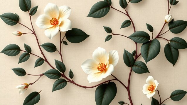 Beautiful white flowers with dark leaves on a light gray background