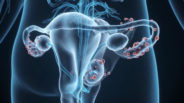 Three changing views of the female reproductive system showing the uterus, ovaries, and fallopian tubes in medical visualization.