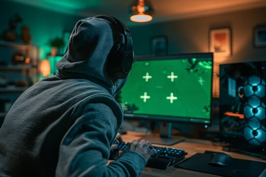 Person in a grey hoodie wearing headphones, playing a game on a computer with a green screen and glowing blue fans in a dark room