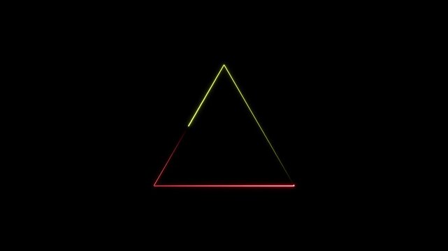 Triangle icon pulses with a warm neon yellow and red gradient line against a completely black field to represent a high energy geometric concept suitable for digital media and abstract tech branding.