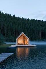 Fototapeta premium Contemporary wooden cabin on a tranquil forest lake with glowing interior and dock reflection for vacation background and interior design poster