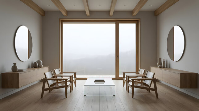 Modern minimalist living room with mountain landscape view.