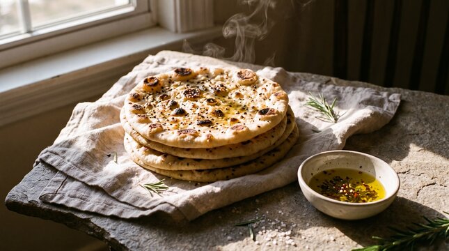 Freshly baked flatbread stack with olive oil and herbs. Steaming hot pita bread on a rustic linen cloth. Ceramic bowl with dipping sauce on stone table. Homemade bakery food photography