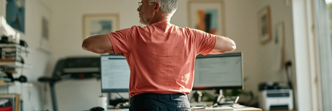 Older man stretching at desk in home office environment for wellness break background and remote work banner