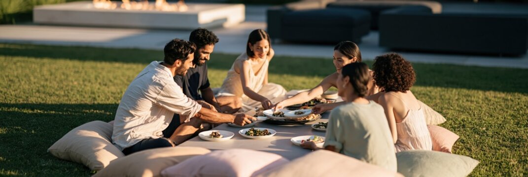 Friends gathered around a low picnic table for an outdoor dinner on a green lawn for summer party background and banner design
