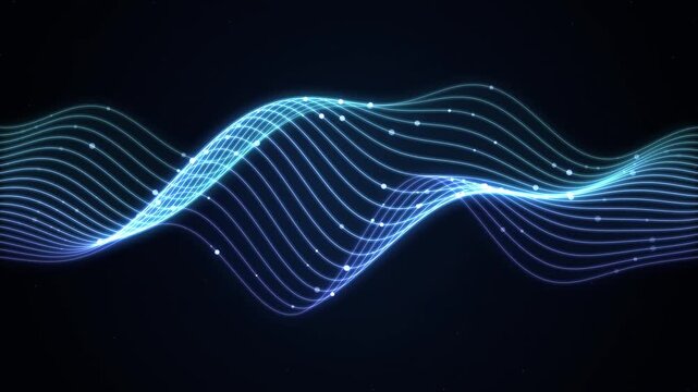 Neon Blue Flowing Waveform Audio Visualizer Animation with Pulsing Particles on Dark Black Background