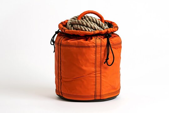 Orange rope bag with handle and drawstring on white background