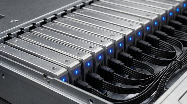 Close-up of metallic hard drives in a server rack with glowing blue LEDs and black connected cables. Enterprise big data storage, cloud computing, and IT infrastructure concept