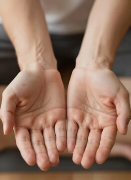 Captures Close Of Persons Hands Presented In Gesture Offering Openness Positioned Center Frame With Palms Facing Upwards Fingers