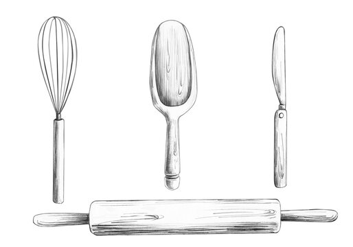 Set of kitchen tools: whisk, wooden spoon, knife, and rolling pin. Isolated pencil illustration for the design of cooking schools, blogs, restaurants, cafes, and kitchen textiles.