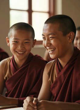 Captures Two Young Individuals Monks Seated Side By Engaged In To Calm Reflective Moment Dressed Traditional Maroon Gold Robes Typical
