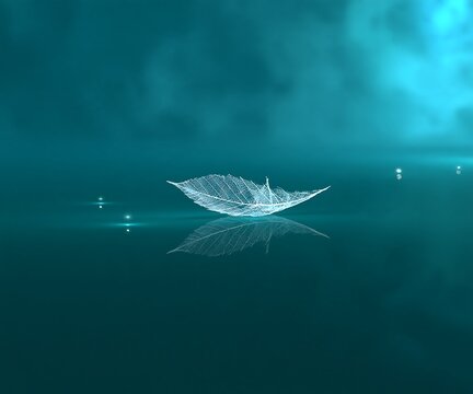 A delicate, translucent skeleton leaf floating on a dark teal, reflective water surface with soft glowing light particles in the background